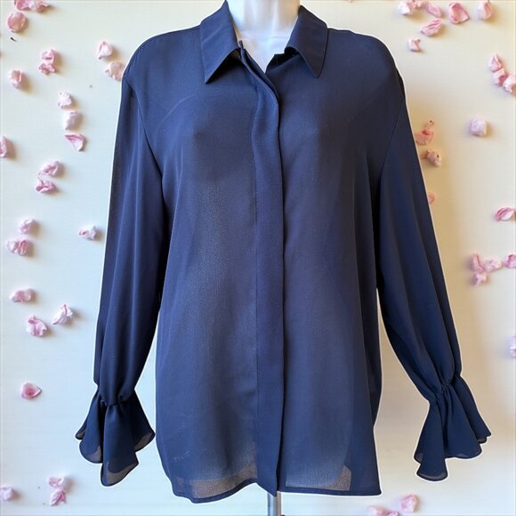 ANNE KLEIN A LINE Vtg USA Blouse Shirt Navy Blue Button Up RUFFLES Womens Medium - Picture 4 of 16